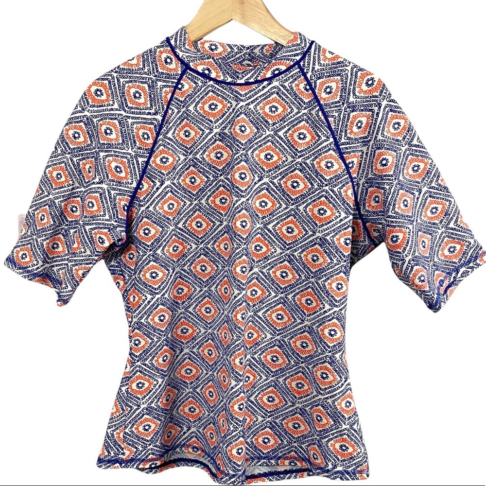Boden Swim Shirt Rash Guard US Size 14 Style WF003 Geometric Print Blue Orange